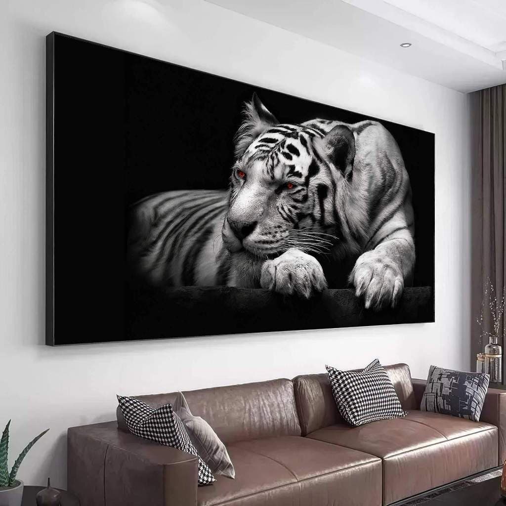 Quadro Decorativo 120x80cm  Olhar Selvagem Majestosos Grandes Felinos em Preto e Branco com Toques de Vermelho Hall Casa Sala Quarto Decoração De Parede Mdf Adesivo
