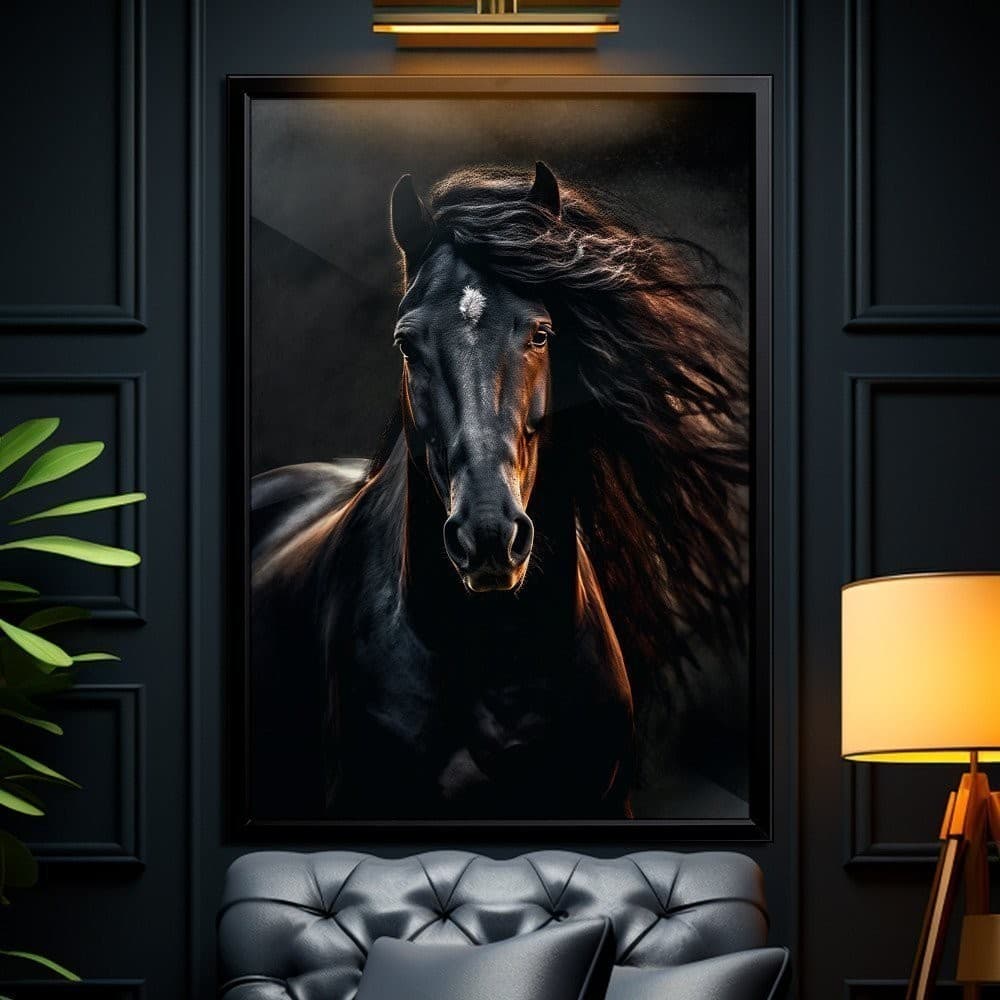 Quadro Decorativo 120x80cm Cavalo Preto Puro Sangue Inglês Haras Sala Quarto Hall Casa Decoração De Parede Mdf Adesivo