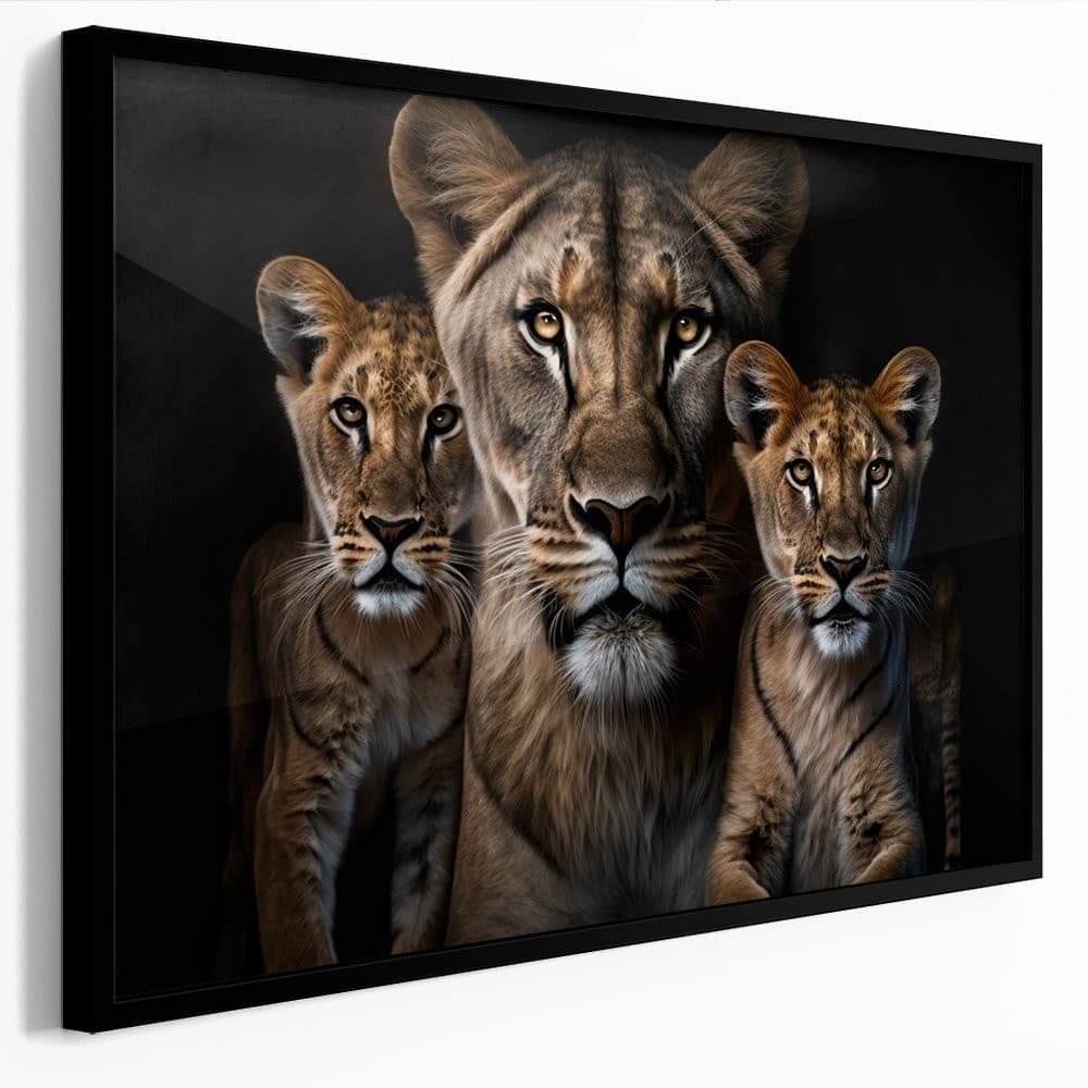Quadro Decorativo Grande 110x80cm  Leoa E 2 Filhotes Fundo Preto Sala Quarto Hall Casa Decoração De Parede Mdf Adesivo