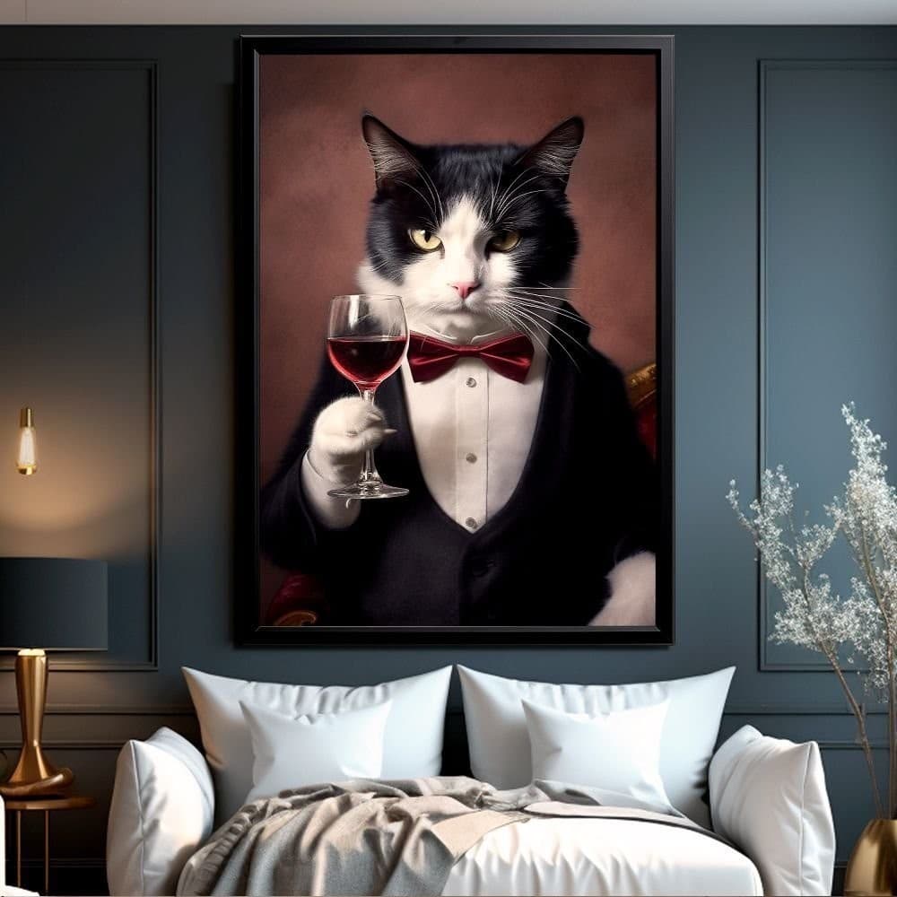 Quadro Decorativo 110x80cm Grande Luxo  Gato Magnata Tomando Vinho Sala Quarto Hall Casa Decoração De Parede Mdf Adesivo