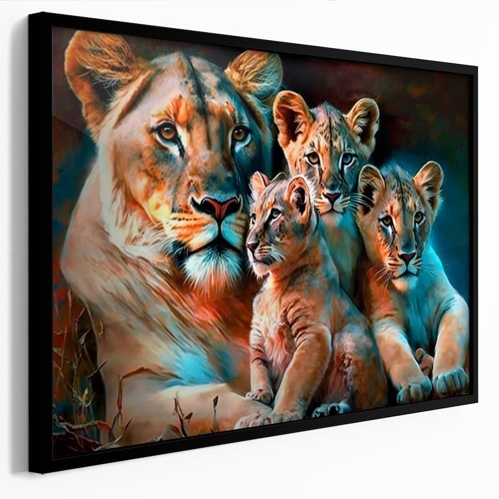 Quadro Decorativo 110x80cm Família de Leões Leoa Seu 3 Filhotes Sala Quarto Hall Casa Decoração De Parede Mdf Adesivo