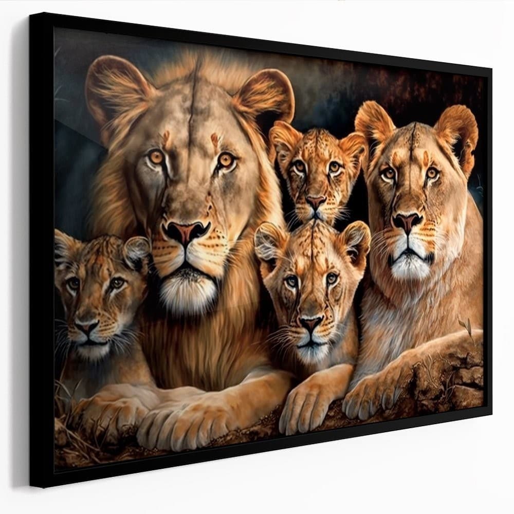 Quadro Decorativo 110x80cm Leão e Leoa 3 Filhotes Família Realista Sala Quarto Hall Casa Decoração De Parede Mdf Adesivo