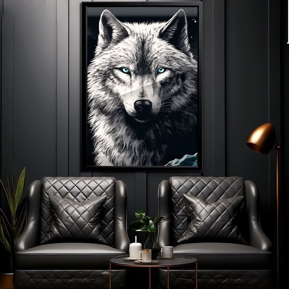 Quadro Decorativo 110x80cm Grande Luxo e Lobo Branco Olhos Azuis Sala Quarto Hall Casa Decoração De Parede Mdf Adesivo