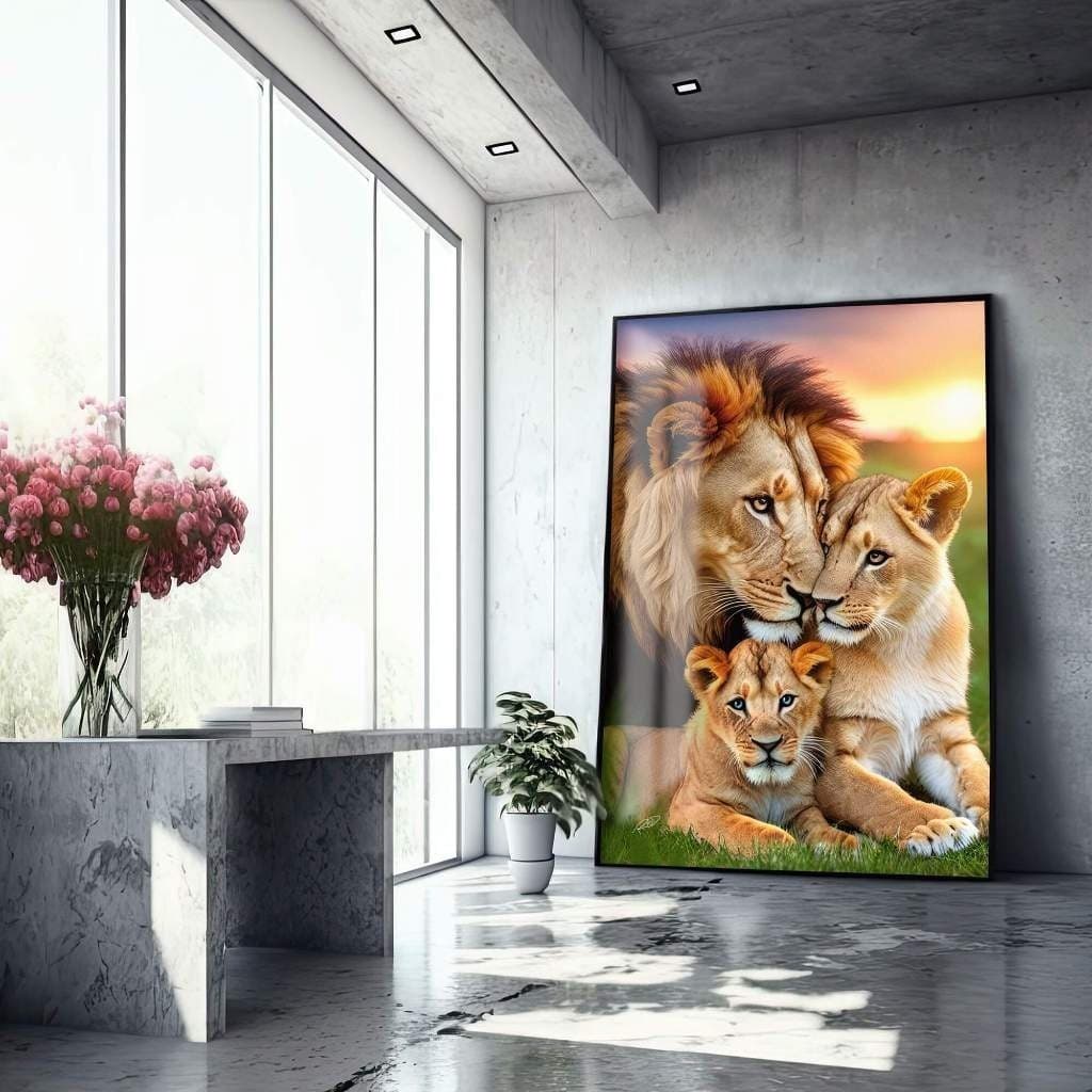 Quadro Decorativo 110x80cm Grande Luxo  Família de Leões e 1 filhote Repousando em seu Habitat Natural Hall Casa Sala