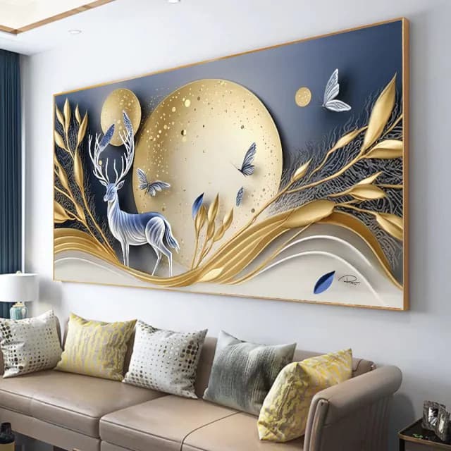 Quadro Decorativo 110x80cm Cervo Dourado Abstrato Fluido Hall Casa Sala Quarto Decoração De Parede Mdf Adesivo Grande
