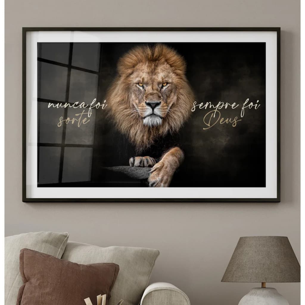 Quadro Decorativo 110x80cm Leão Judá Nunca Foi Sorte Sempre Foi Deus Borda Sala Quarto Casa Decoração De Parede Mdf