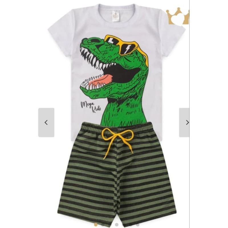 Conjunto Infantil Verão Masculino Dino Verde de Óculos - Branco
