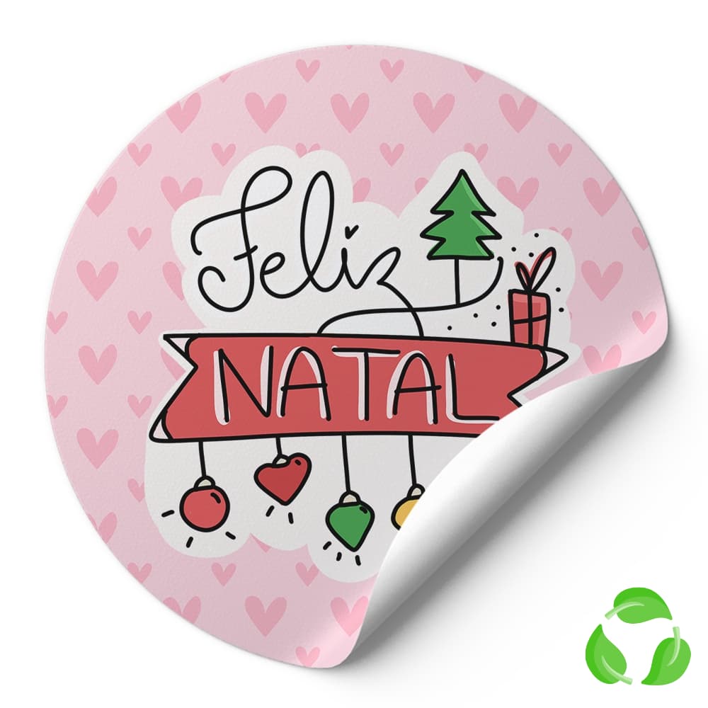 Adesivo Decorativo 4Cm Rotulos Autocolante Feliz Natal Com Bolinhas Coração Rosa