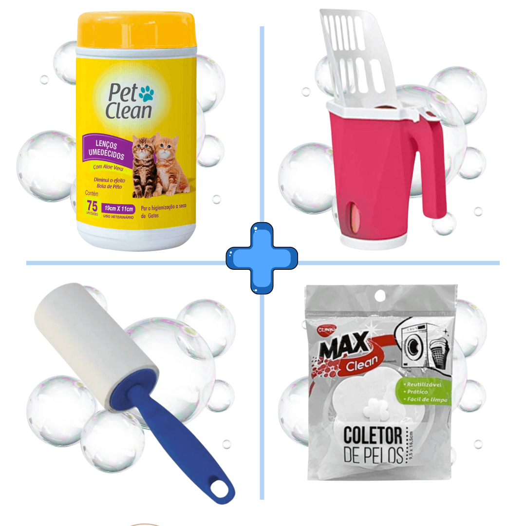 Kit Lenços Umedecidos Para Gatos + Pá Coletora Para Caixa de Areia + Coletor de Pelos Para Máquina de Lavar + Rolo Tira Pelos Adesivo