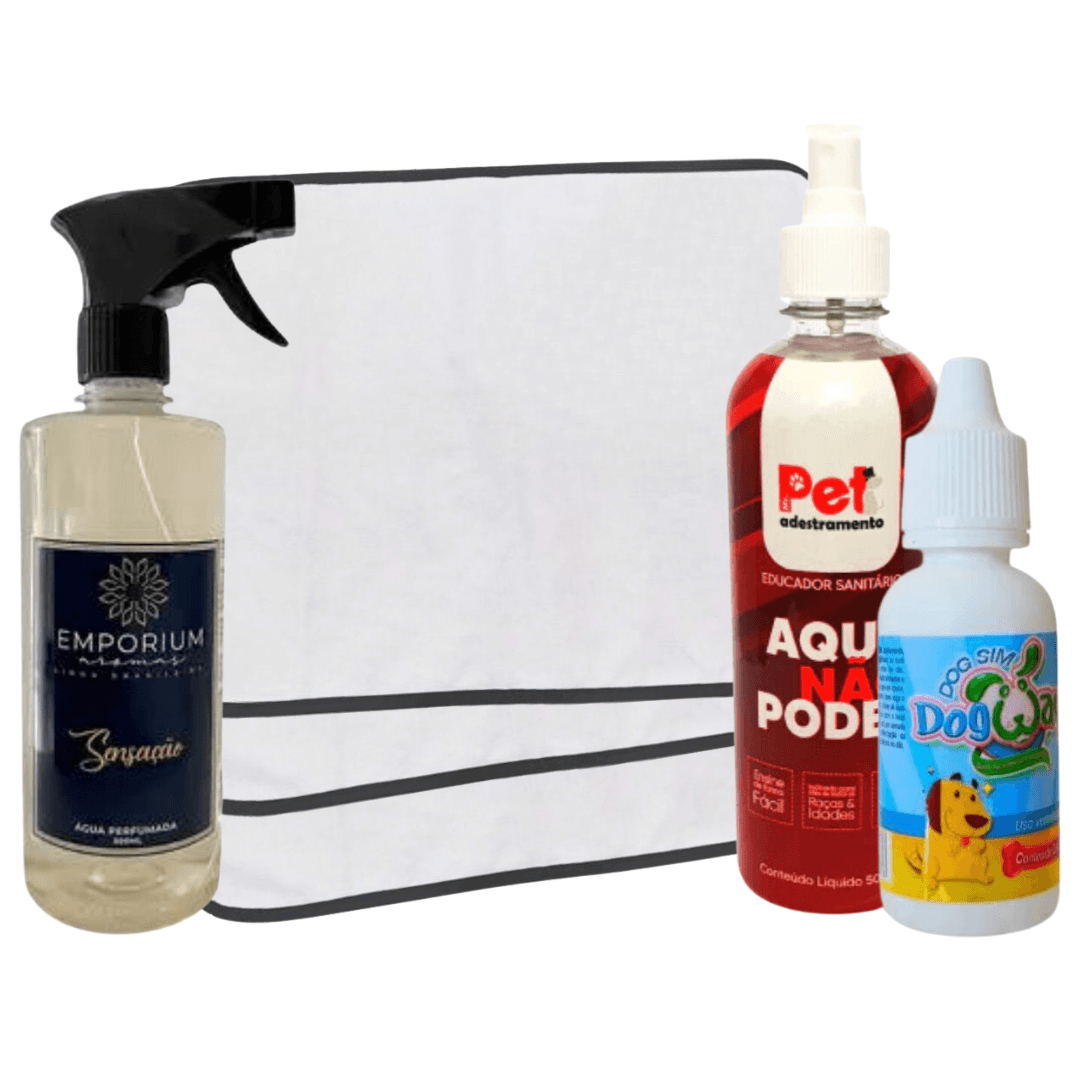Kit 6 Tapetes Higiênicos Para Pets + Água perfumada Spray 500ml Emporium Aromas + Educador Sanitário Xixi Sim P/Pets 20ml + Educador Aqui Não Pode P/Pets 500ml
