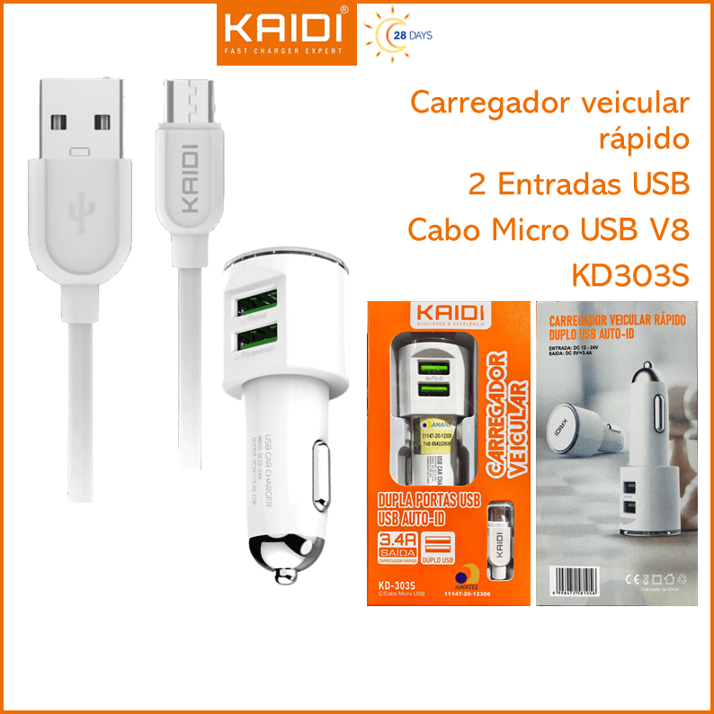 Carregador Veicular Fonte veicular com 2 Saídas Cabo USB para Micro USB V8 1m Kaidi KD-303S