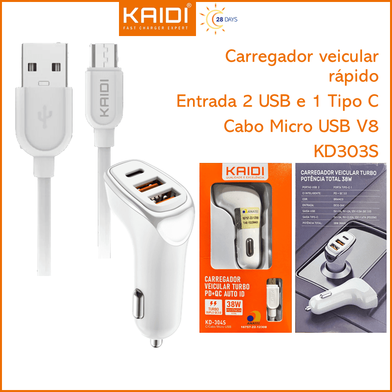 Carregador Veicular Turbo Fonte com 3 Saídas com Cabo USB para Micro USB V8 1m Kaidi KD-304S