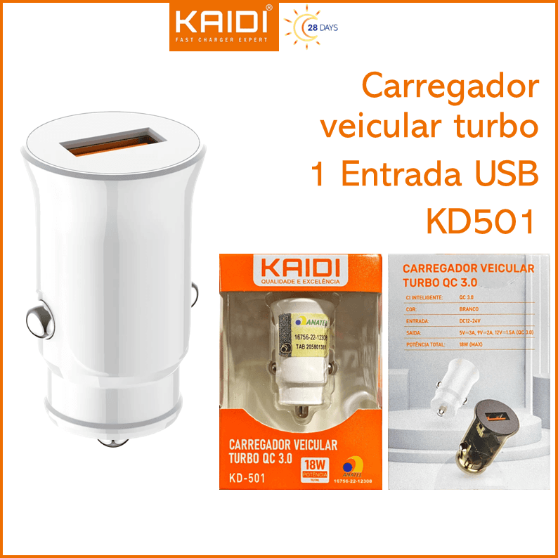 Carregador Veicular Turbo Fonte com 1 Saída USB Kaidi KD-501