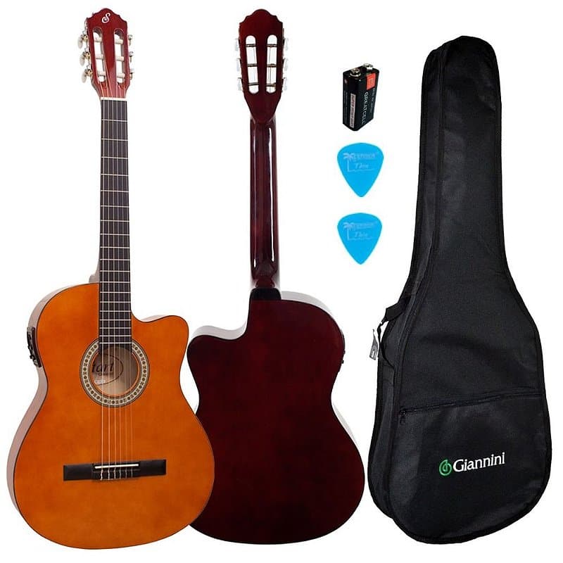 Kit Violão Elétrico Clássico Flat Nylon Nf14 Nt Natural Giannini Simples