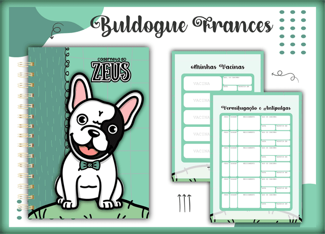 Caderneta Pet Personalizada com Nome – Tema Buldogue frances preto e branco