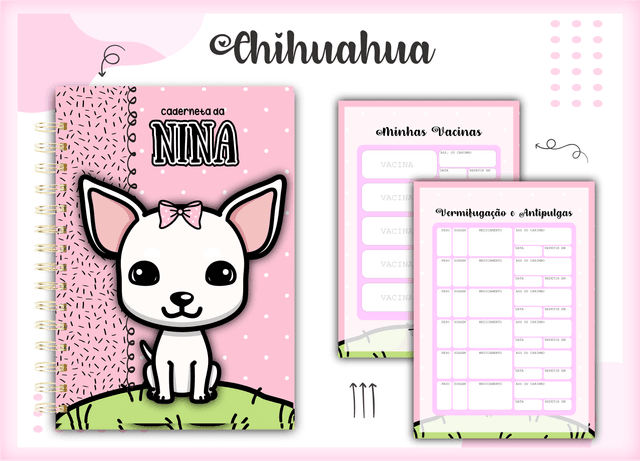 Caderneta Pet Personalizada com Nome – Tema Chihuahua