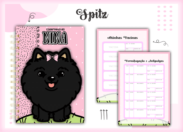 Caderneta Pet Personalizada com Nome – Tema Spitz preto