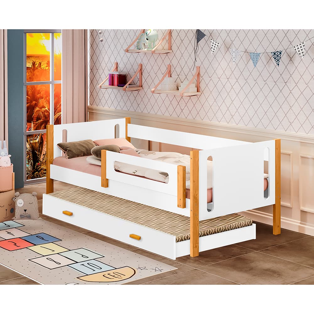Cama de Solteiro Mirela com Cama Auxiliar Branco/mel com Grade de Proteção