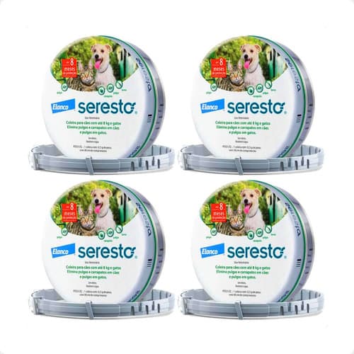 Kit 4 Coleira Antipulgas e Carrapatos Elanco Seresto - Cães e Gatos até 8 Kg