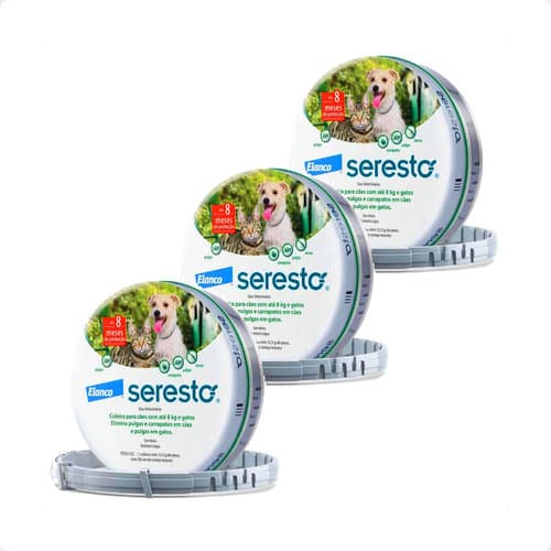 Kit 3 Coleira Antipulgas e Carrapatos Elanco Seresto - Cães e Gatos até 8 Kg