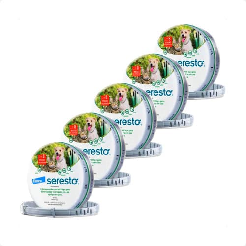 Kit 5 Coleira Antipulgas e Carrapatos Elanco Seresto - Cães e Gatos até 8 Kg