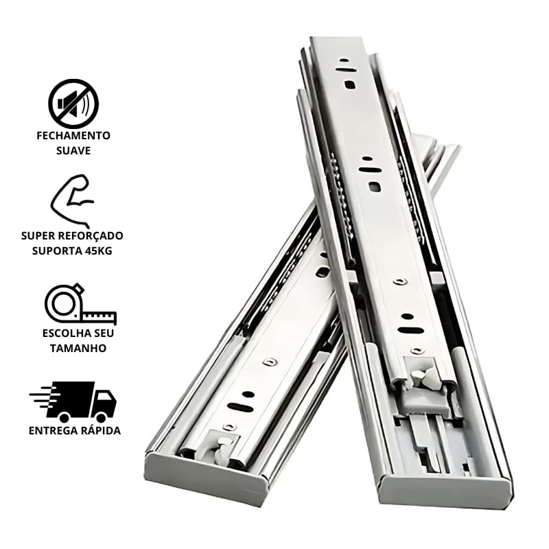 Trilho Gaveta Corrediça Com Amortecedor Soft Closing 45kg - Fechamento Suave - Varios Tamanhos