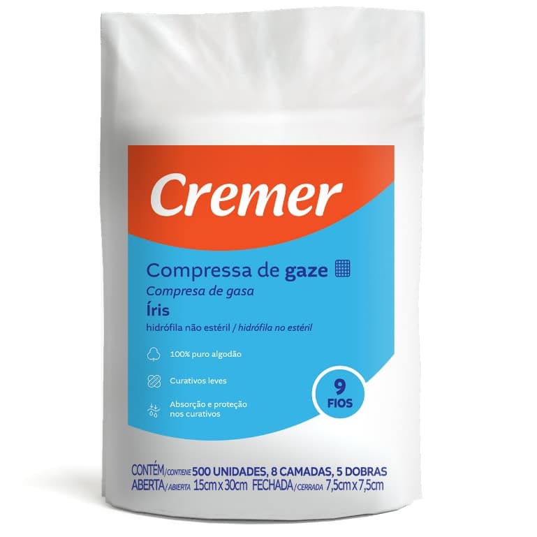 Compressa de Gaze Não Estéril Cremer Hidrófila 500 Unidades de Gaze  9 Fios -7,5x7,5cm (15x30)