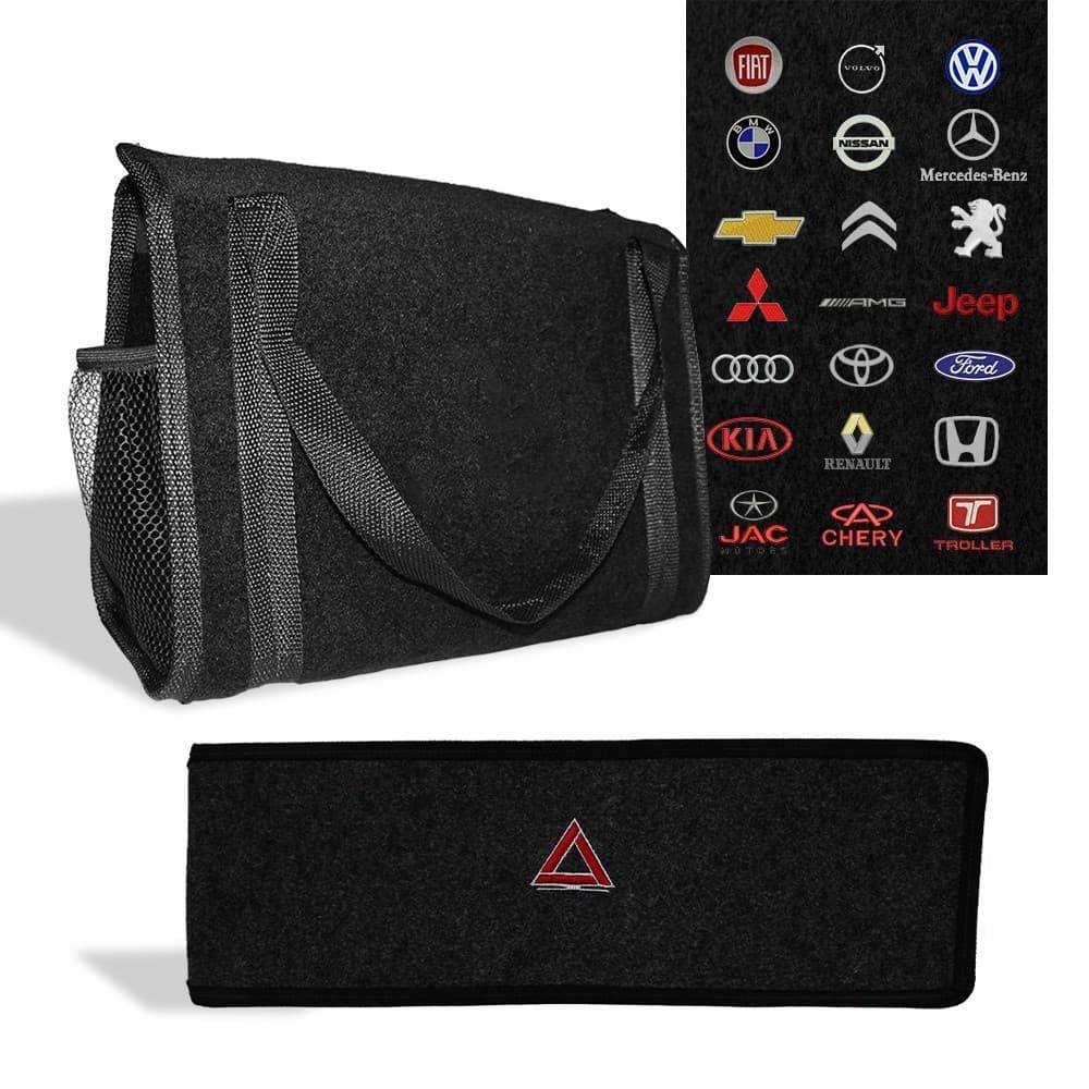 Bolsa Organizadora Porta Malas + Capa Porta Triângulo de Sinalização Carpete Preto Vários Carros