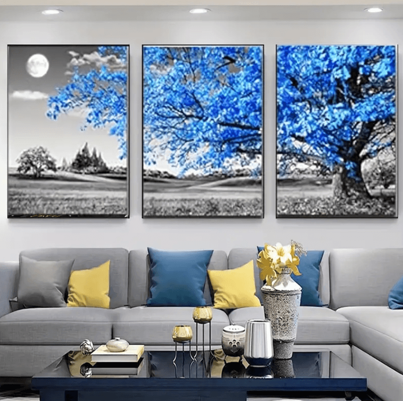 Quadros decorativos Conjunto de 3 Peças Árvore Azul  com Lua  para Sala de Estar, Quarto, Cozinha, Escritório