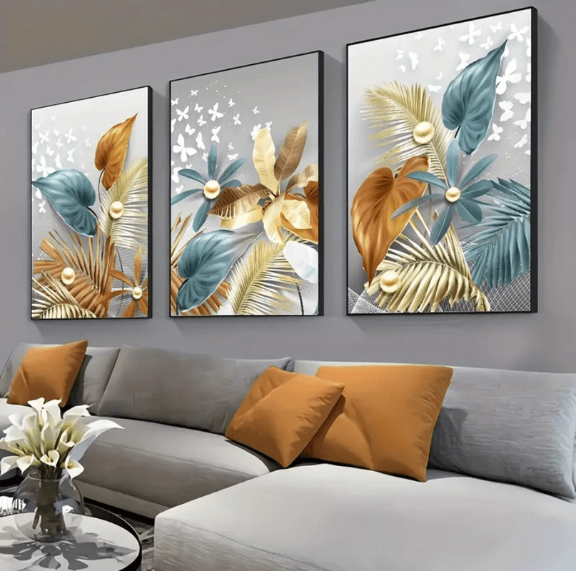 Quadros decorativos Conjunto de 3 peças sem moldura, pôsteres de arte de parede escandinava com flolhas Dourada e azul
