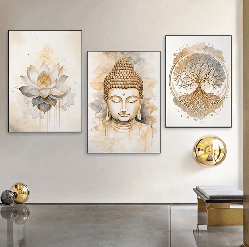 Quadros decorativos 3 peças Vários Tamanhos Buda e flor de lótus para sala de estar, decoração de tema espiritual