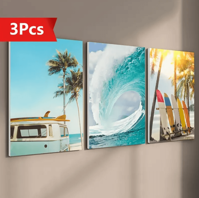 Quadros decorativos Vários tamanhos com 3 peças, pintura de prancha de surfe na praia - Sala, quarto, decoração