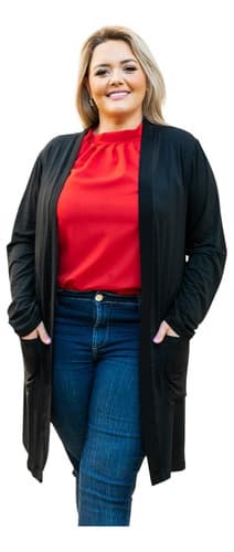 Cardigan Casaco Plus Size Feminino Bolso Longo Kimono Moda Outono Inverno