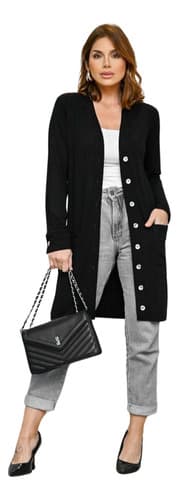 Cardigan Feminino Longo  Kimono com Botões Abre e Fecha  com Bolsos Sobretudo Casaco Casaquinho