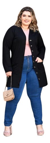 Cardigan Feminino Plus Size Botões  Abre e Fecha Longo com Bolsos Casaco Casaquinho Moda Outono Inverno