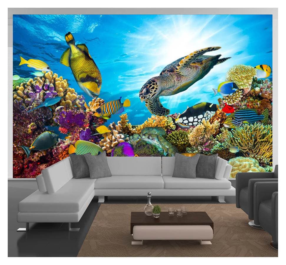 Adesivo de parede Fundo do mar peixes coral tartaruga papel de parede m² FM 034