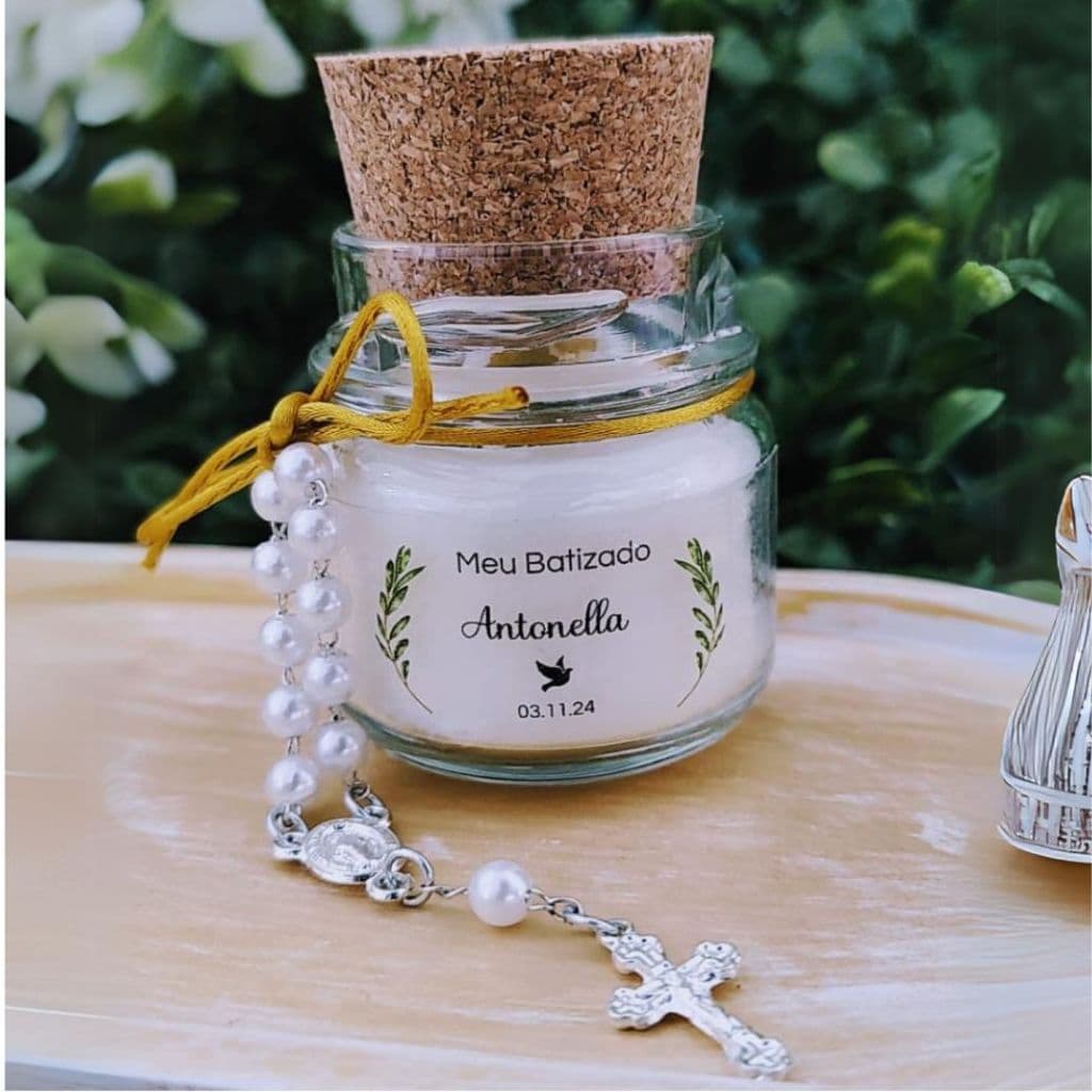 10 Lembrancinhas de Primeira Eucaristia - Mini Terço - Velas Aromáticas em Pote de Vidro Tampa de Rolha