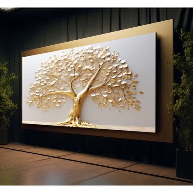 Quadro Decorativo Grande Luxo Árvore  Gold com folhas brancas