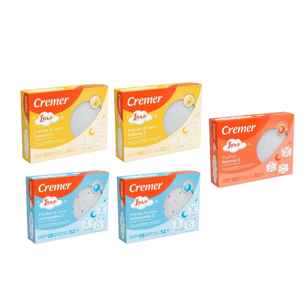 Kit C/ 4 Cx Fralda + 1 Cx Toalha Fralda Branca Cremer Menino