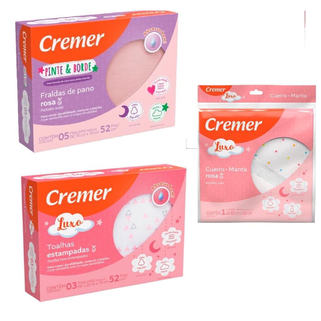 Fralda Pinte Borde  + Toalha Fralda + Cueiro Menina - Cremer
