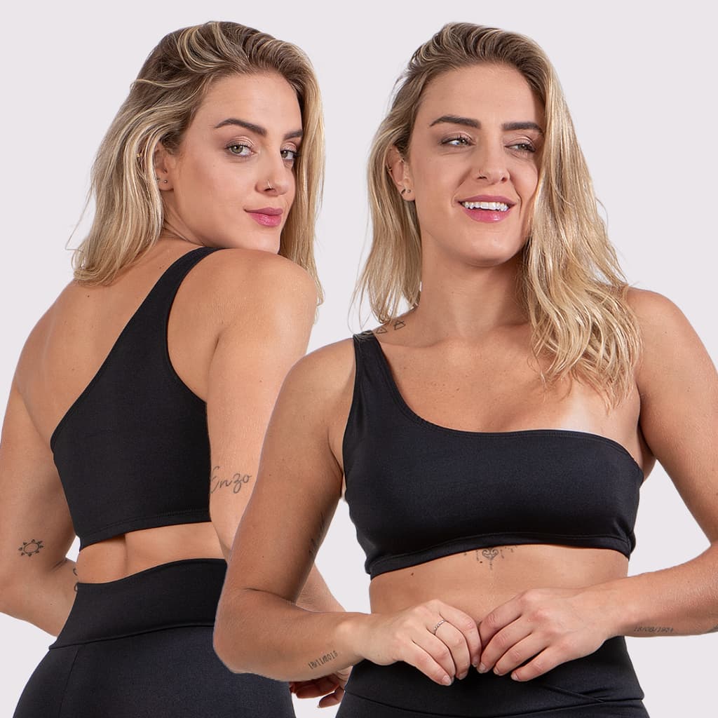 Top Cropped Fitness Feminino Com Alça De Um Ombro Só Blogueira Akira Fitness
