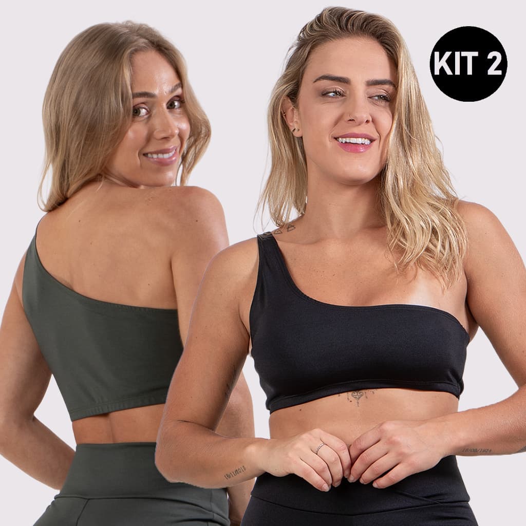 Kit 2 Tops Fitness Academia Feminino Com Alça De Um Ombro Só Blogueira Akira Fitness