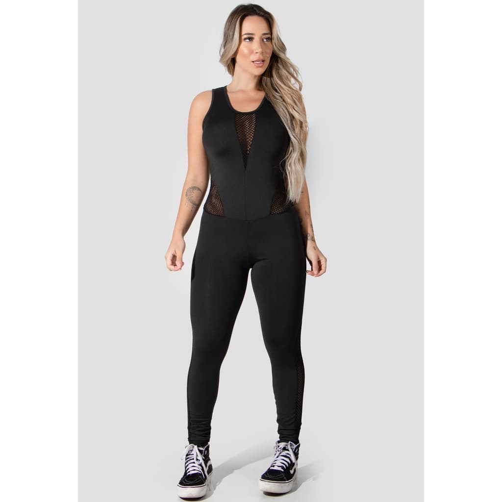 Macacão Feminino Tela Fitness Casual Transparente Moderno Confortável