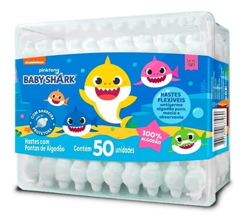 Cotonete Babyshark Novidade Com Barreira Protetora 50uni