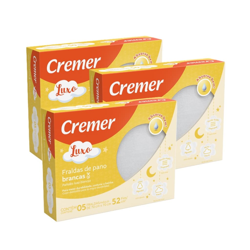 Fralda De Pano Luxo Branca Cremer Kit 3 Caixas