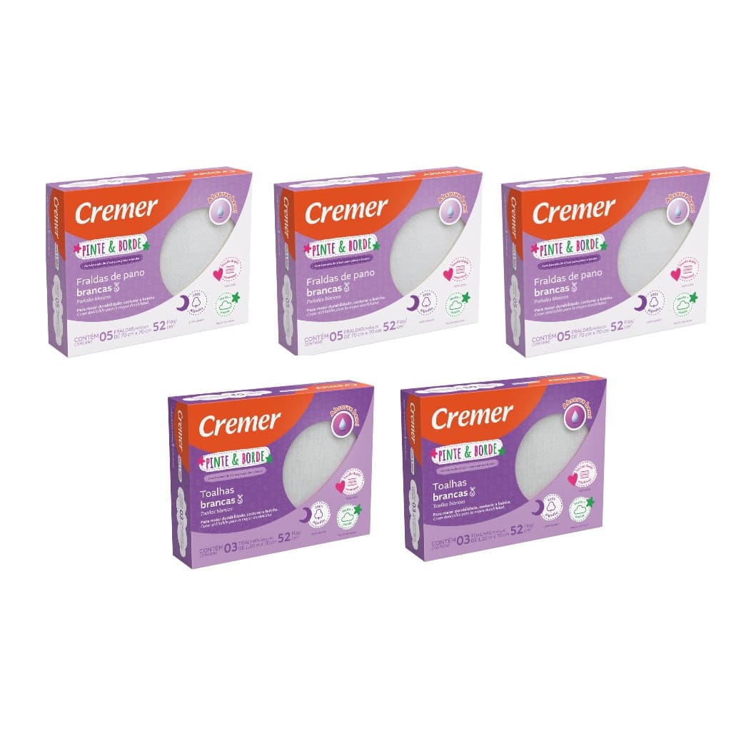 Kit 03 Cx Fralda + 2 Cx Toalhas Fralda Pinte E Borde Cremer