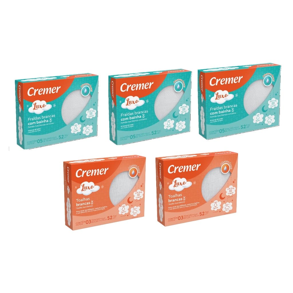 Kit 3 Cx Fralda Luxo Branca + 2 Cx Toalhas Fralda Cremer