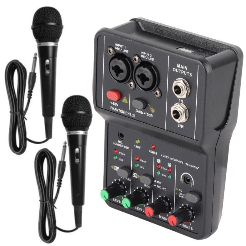 kit placa de som Mixer 2 canais individuais 2 microfones