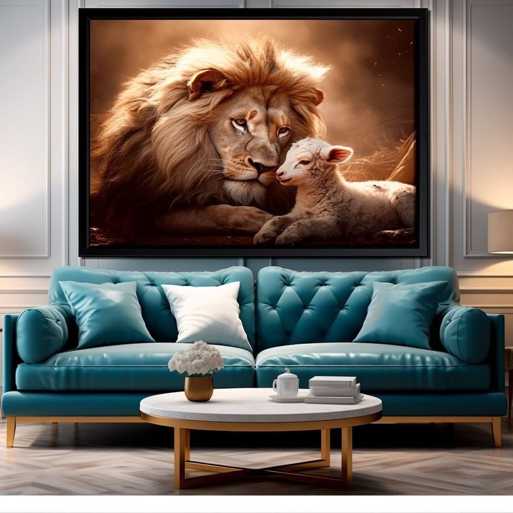Quadro Decorativo 115x80cm Grande Luxo Leão de Judá Protegendo o Cordeiro Decora 10 Sala Quarto 4k