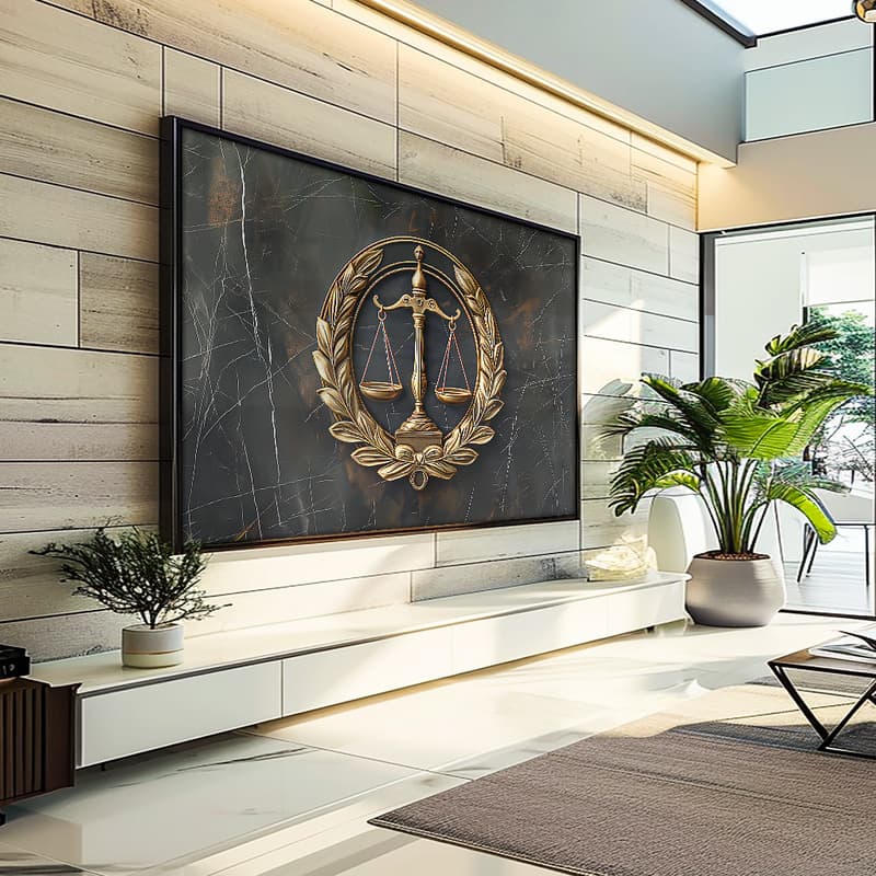 Quadro Decorativo 115x80cm Balança da Justiça Dourada Hall da Luxo Sala Quarto Casa Decoração 4k